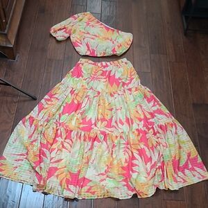 Flying Tomato Colorful Tropical 1 Shoulder Top & Maxi Skirt Set size Large